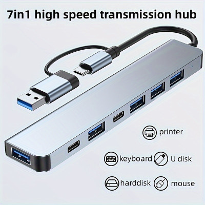 USB-концентратор 7-в-1 (USB-A + Type-C адаптер, USB 3.0)