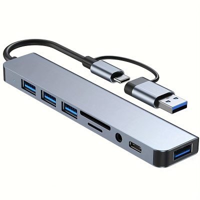 USB-C Концентратор 8-в-1 (USB 3.0, SD/TF, 3.5мм Аудіо, Комбінований вхід)